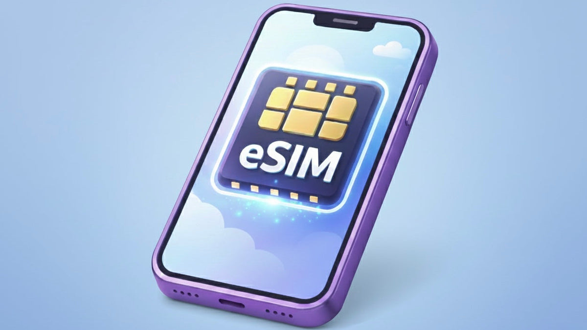 Smartphone with eSIM logo on a light blue background