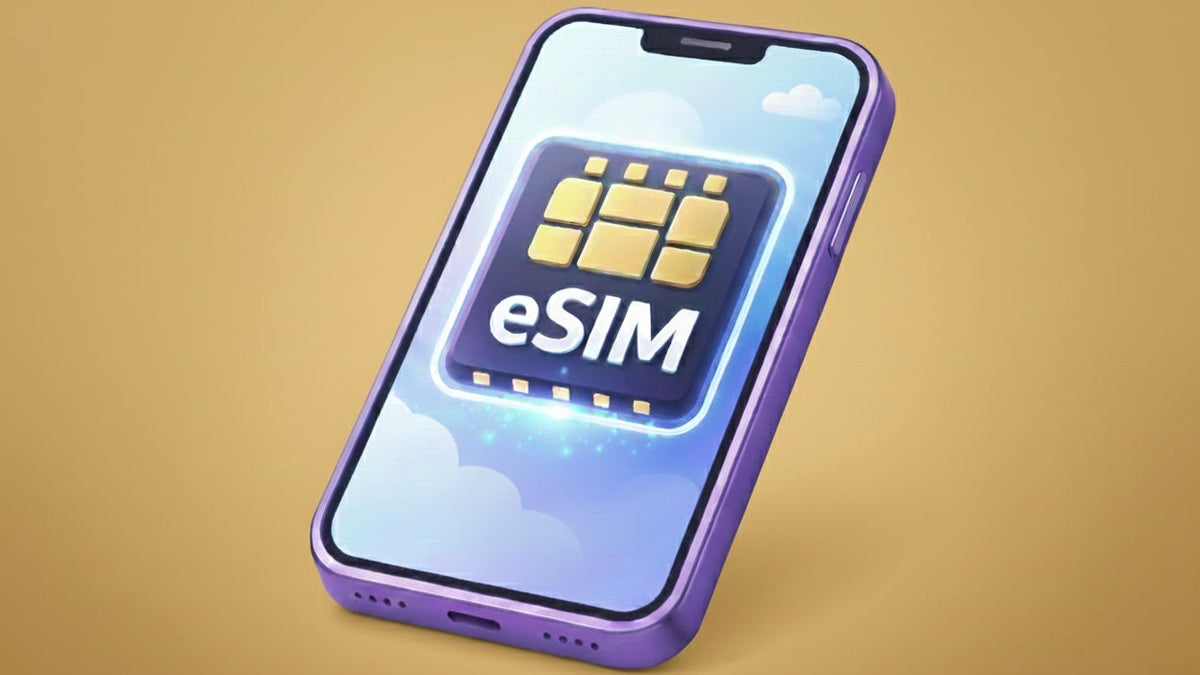 Smartphone with eSIM logo on a gold background